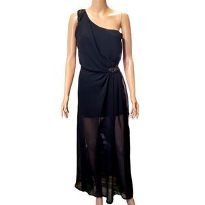 Qurio Black Bead Accent One Shoulder Sheer Maxi Dress SMALL